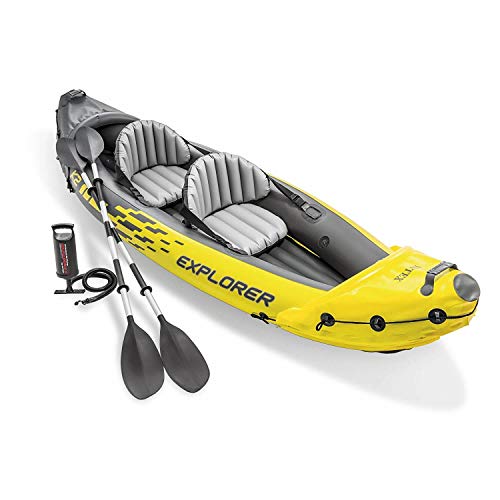 Intex Explorer K2 2 Person Inflatable Kayak Set with Comfortable Backrest, Aluminum Oars, and High Output Air Pump for Fast Inflation, Yellow