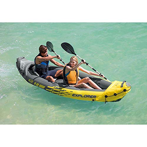 Intex Explorer K2 2 Person Inflatable Kayak Set with Comfortable Backrest, Aluminum Oars, and High Output Air Pump for Fast Inflation, Yellow