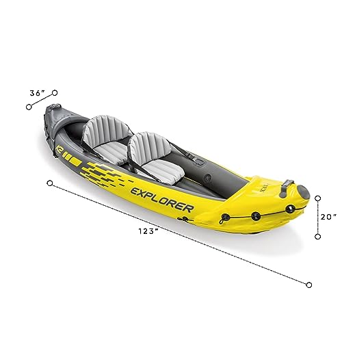 Intex Explorer K2 2 Person Inflatable Kayak Set with Comfortable Backrest, Aluminum Oars, and High Output Air Pump for Fast Inflation, Yellow