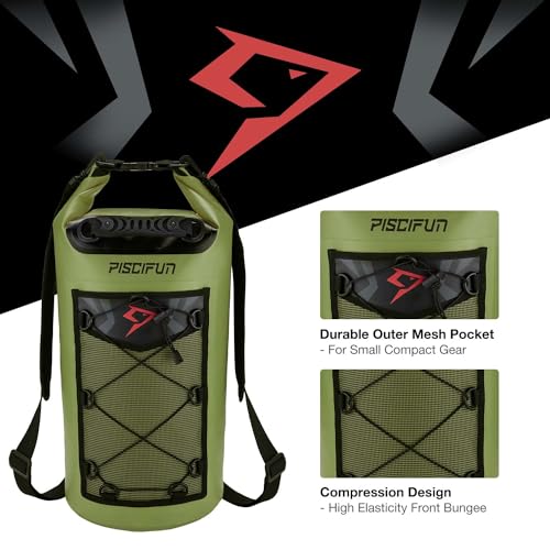 Piscifun Dry Bag, Waterproof Floating Backpack with Waterproof Phone Case for Kayking, Boating, Kayaking, Surfing, Rafting and Fishing, Army Green 20L