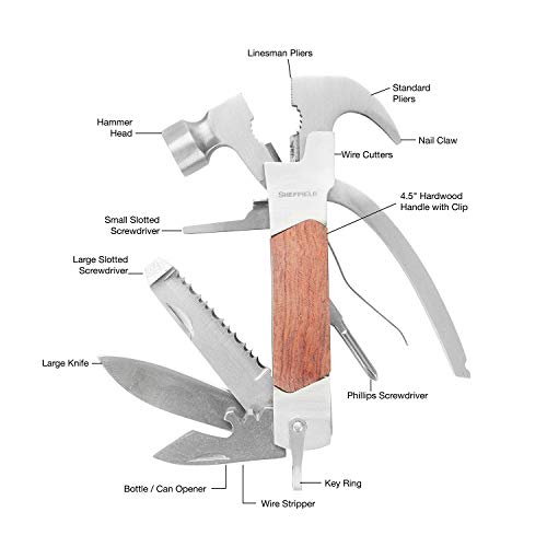 Sheffield 12913 Premium 14-in-1 Hammer Multi Tool, Multipurpose Tool for the Home, Camping Equipment, and Work, Hammer, Pliers, Survival Knife, & More
