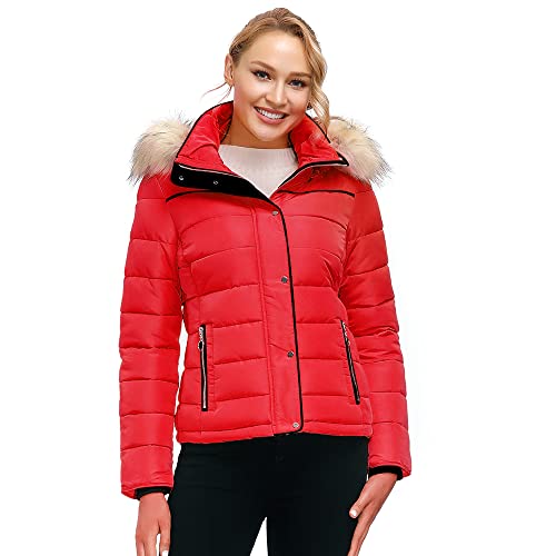 ROYAL MATRIX Women's Winter Hooded Puffer Jacket Short Thickened Warm Quilted Coat Cropped Bubble Jacket (Christmas Red, 14)