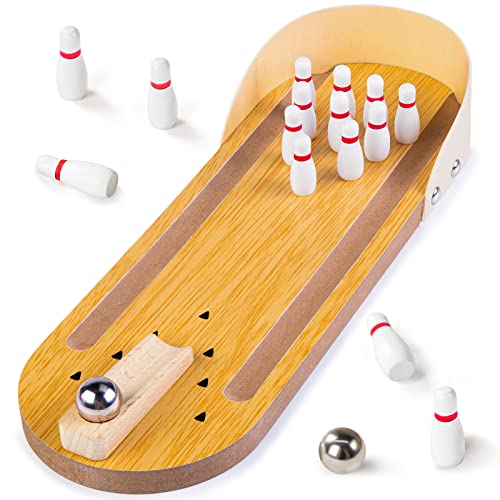 3 otters Mini Bowling Set, Wooden Tabletop Bowling Game Desk Toys Desktop Bowling Home Bowling Alleys, Desk Gifts for Coworkers