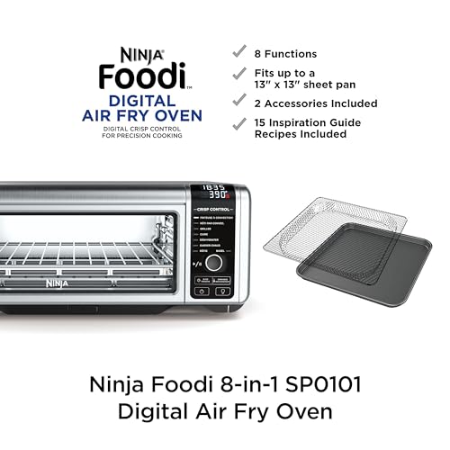 Ninja SP101 Digital Air Fry Countertop Oven with 8-in-1 Functionality, Flip Up & Away Capability for Storage Space, with Air Fry Basket, Wire Rack & Crumb Tray, Silver