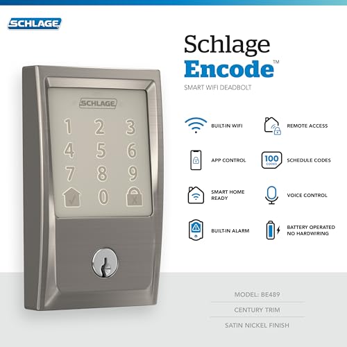 Schlage Encode Smart Wi-Fi Deadbolt with Century Trim in Satin Nickel