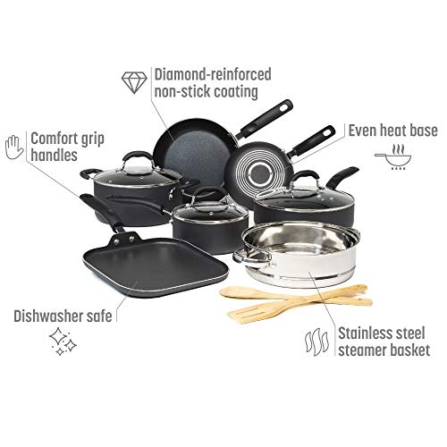 Goodful Cookware Set with Premium Non-Stick Coating, Dishwasher Safe Pots and Pans, Tempered Glass Steam Vented Lids, Stainless Steel Steamer, and Bamboo Cooking Utensils Set, 12-Piece, Charcoal Gray