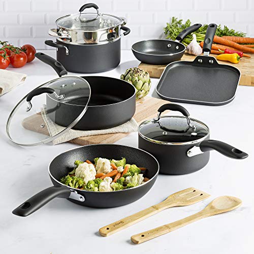Goodful Cookware Set with Premium Non-Stick Coating, Dishwasher Safe Pots and Pans, Tempered Glass Steam Vented Lids, Stainless Steel Steamer, and Bamboo Cooking Utensils Set, 12-Piece, Charcoal Gray