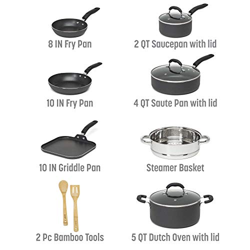 Goodful Cookware Set with Premium Non-Stick Coating, Dishwasher Safe Pots and Pans, Tempered Glass Steam Vented Lids, Stainless Steel Steamer, and Bamboo Cooking Utensils Set, 12-Piece, Charcoal Gray
