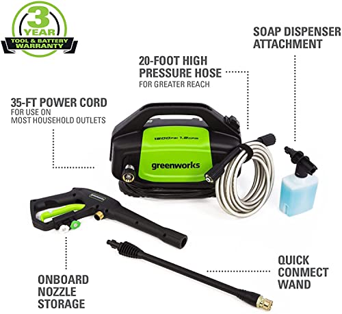Greenworks 1500 PSI 1.2 GPM Electric Pressure Washer, GPW1502