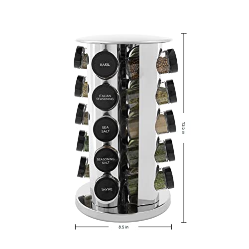 Kamenstein 20 Jar Revolving Countertop Spice Rack with Spices Included, FREE Spice Refills for 5 Years, Polished Stainless Steel with Black Caps