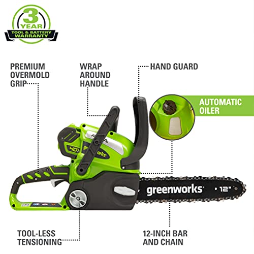 Greenworks 40V 12" Cordless Compact Chainsaw (Great For Storm Clean-Up, Pruning, and Camping), 2.0Ah Battery and Charger Included
