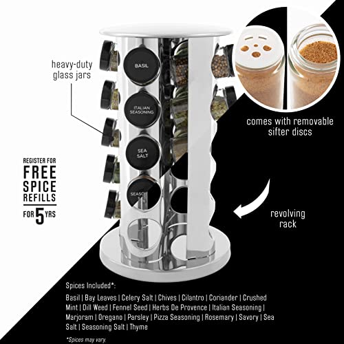Kamenstein 20 Jar Revolving Countertop Spice Rack with Spices Included, FREE Spice Refills for 5 Years, Polished Stainless Steel with Black Caps