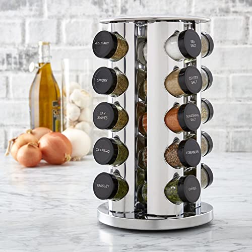Kamenstein 20 Jar Revolving Countertop Spice Rack with Spices Included, FREE Spice Refills for 5 Years, Polished Stainless Steel with Black Caps