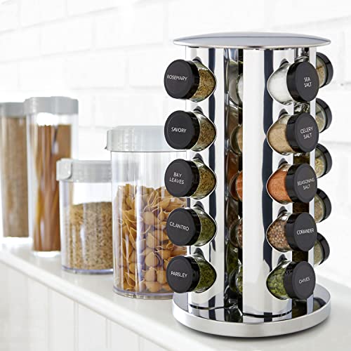 Kamenstein 20 Jar Revolving Countertop Spice Rack with Spices Included, FREE Spice Refills for 5 Years, Polished Stainless Steel with Black Caps