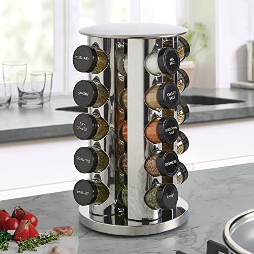 Kamenstein 20 Jar Revolving Countertop Spice Rack with Spices Included, FREE Spice Refills for 5 Years, Polished Stainless Steel with Black Caps