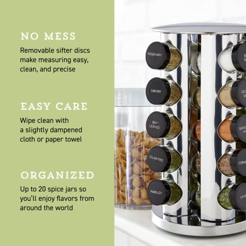 Kamenstein 20 Jar Revolving Countertop Spice Rack with Spices Included, FREE Spice Refills for 5 Years, Polished Stainless Steel with Black Caps