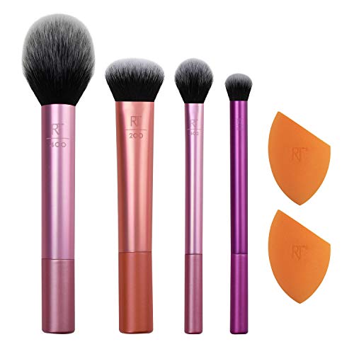 Real Techniques Everyday Essentials Kit, Makeup Brush Set With 2 Makeup Blending Sponges, For Eyeshadow, Foundation, Blush, & Concealer, UltraPlush Synthetic Bristles, 6 Piece Makeup Brush Set