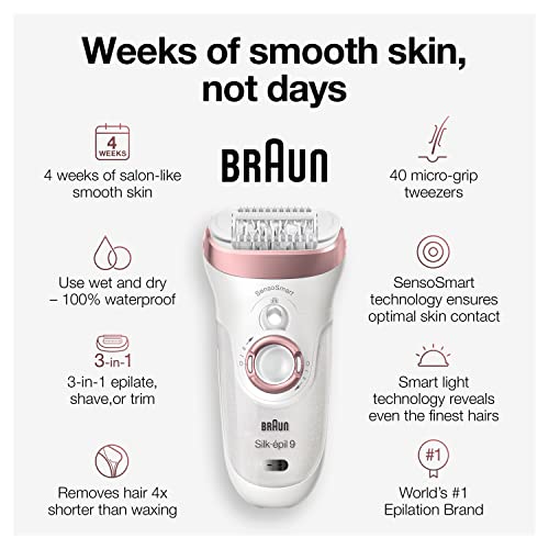 Braun Silk-épil 9 9-890, Facial Hair Removal for Women, Hair Removal Device, Bikini Trimmer, Womens Shaver Wet & Dry, Cordless and 7 extras