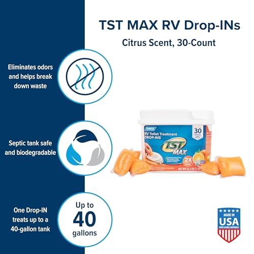 Camco TST MAX Camper / RV Toilet Treatment Drop-INs - Control Unwanted Odors & Break Down Waste and Tissue - Safe Septic Tank Treatment - Orange Scent, 30-Pack (41183)