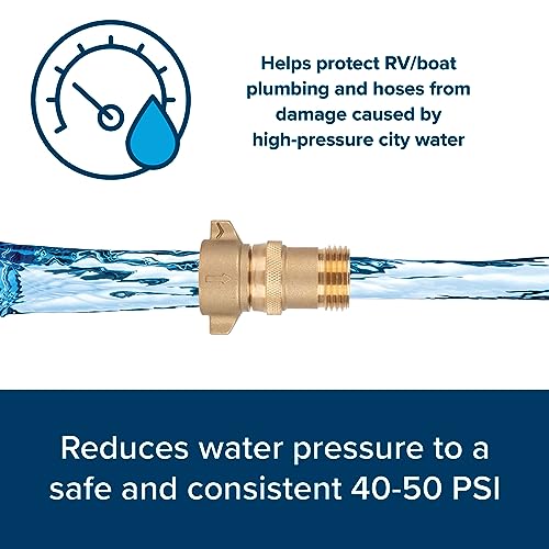 Camco Camper/RV Water Pressure Regulator | Protects RV Kitchen Small Appliances, Plumbing & Hoses | Reduces RV Water Pressure to Safe and Consistent 40-50 PSI | Drinking Water Safe (40055)