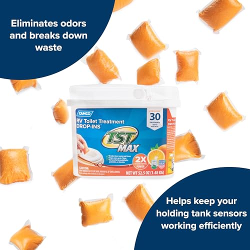 Camco TST MAX Camper / RV Toilet Treatment Drop-INs - Control Unwanted Odors & Break Down Waste and Tissue - Safe Septic Tank Treatment - Orange Scent, 30-Pack (41183)