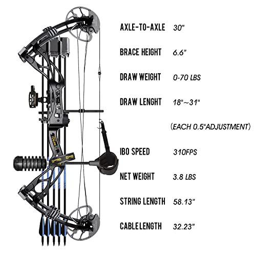 Sanlida Archery Dragon X8 RTH Compound Bow Package for Adults and Teens,18”-31” Draw Length,0-70 Lbs Draw Weight,up to IBO 310 fps,No Bow Press Needed,Limbs Made in USA,Limited Life-time Warranty