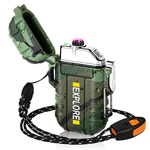 LcFun Electric Lighter Plasma Lighter Waterproof Arc Lighter Windproof USB Lighter Rechargeable with Whistle for Hiking, Camping, Adventure, Survival, Tactical, EDC Gear (Camouflage)