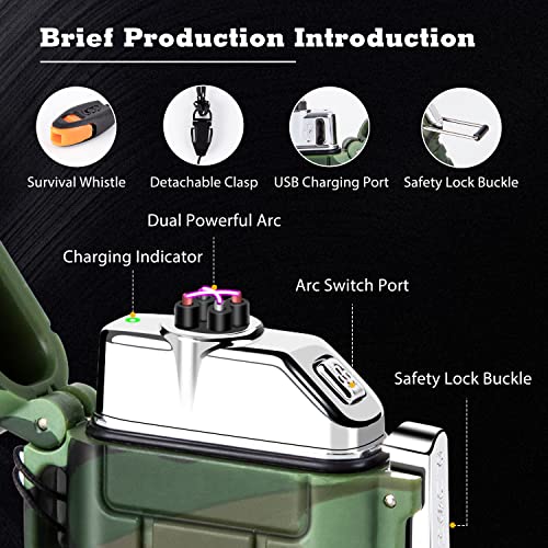 LcFun Electric Lighter Plasma Lighter Waterproof Arc Lighter Windproof USB Lighter Rechargeable with Whistle for Hiking, Camping, Adventure, Survival, Tactical, EDC Gear (Camouflage)