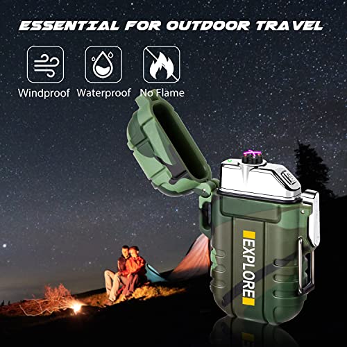 LcFun Electric Lighter Plasma Lighter Waterproof Arc Lighter Windproof USB Lighter Rechargeable with Whistle for Hiking, Camping, Adventure, Survival, Tactical, EDC Gear (Camouflage)