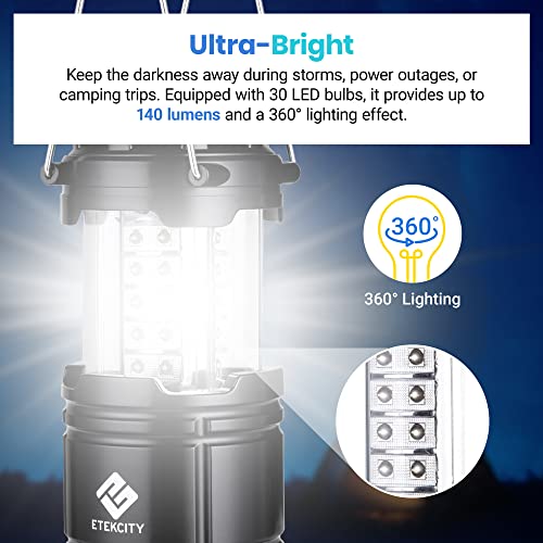 Etekcity Lantern Camping, Flashlight for Power Outages, Portable Camping Essentials Lights, Led Battery Operated Lamp for Emergency, Survival Gear and Supplies for Hurricane, 4 Pack, Black