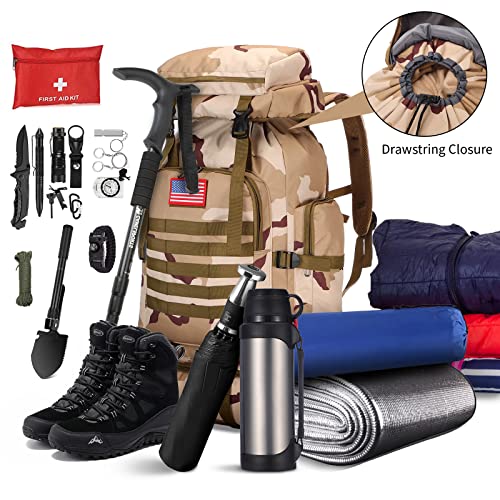 WintMing 70L Camping Hiking Backpack Molle Rucksack Waterproof Traveling Daypack (70L-Camo-Plateau)