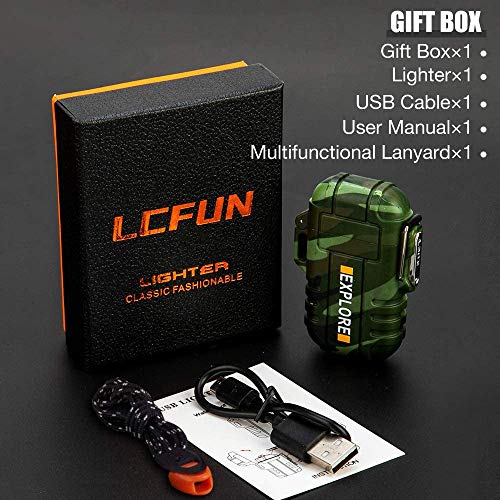 LcFun Electric Lighter Plasma Lighter Waterproof Arc Lighter Windproof USB Lighter Rechargeable with Whistle for Hiking, Camping, Adventure, Survival, Tactical, EDC Gear (Camouflage)