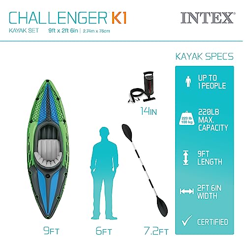 Intex Challenger K1 Inflatable Single Person Kayak Set and Accessory Kit with Aluminum Oar and High Output Air Pump Built for Lakes, Rivers, & Fishing