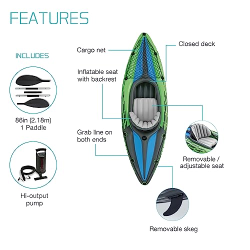Intex Challenger K1 Inflatable Single Person Kayak Set and Accessory Kit with Aluminum Oar and High Output Air Pump Built for Lakes, Rivers, & Fishing