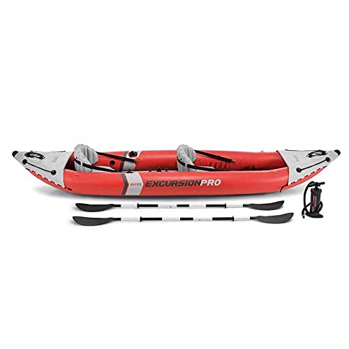 Intex Excursion Pro 2 Person Vinyl Inflatable Kayak with Aluminum Oars, Fishing Rod Holders, and High Output Pump for Rivers, Lakes, and Ocean, Red