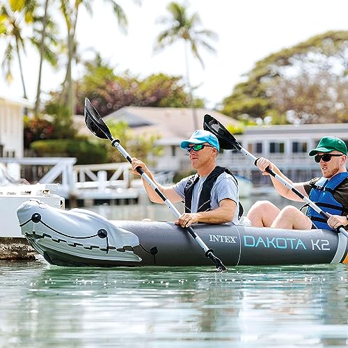 Intex Dakota K2 2 Person Inflatable Vinyl Kayak and Accessory Kit with 86 Inch Oars, Air Pump, and Carry Bag for Lakes and Rivers, Gray and Red