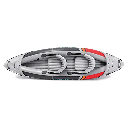 Intex Dakota K2 2 Person Inflatable Vinyl Kayak and Accessory Kit with 86 Inch Oars, Air Pump, and Carry Bag for Lakes and Rivers, Gray and Red