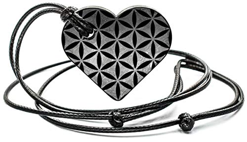 Wallystone Gems Shungite - Heart Pendant Necklace - Flower of Life - for Loved You Ones - Activating and Re-balance Heart and Throat Chakras