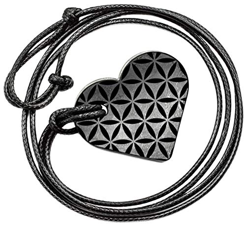 Wallystone Gems Shungite - Heart Pendant Necklace - Flower of Life - for Loved You Ones - Activating and Re-balance Heart and Throat Chakras