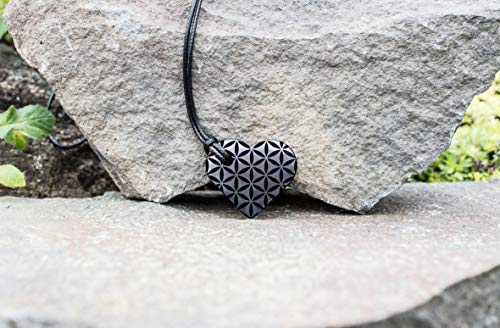 Wallystone Gems Shungite - Heart Pendant Necklace - Flower of Life - for Loved You Ones - Activating and Re-balance Heart and Throat Chakras