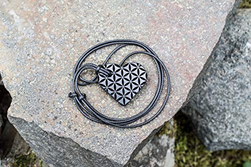 Wallystone Gems Shungite - Heart Pendant Necklace - Flower of Life - for Loved You Ones - Activating and Re-balance Heart and Throat Chakras