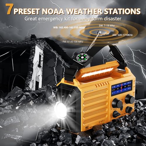 Emergency Radio 5000 Hand Crank Solar Weather Radio,5-Way Power AM/FM/SW/NOAA Survival Portable Radio with Camping Flashlight,Power Bank Phone Charger,Reading Lamp,SOS Alarm Survival Equipment,Compass
