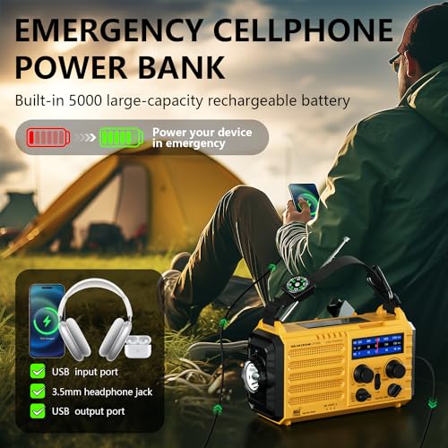 Emergency Radio 5000 Hand Crank Solar Weather Radio,5-Way Power AM/FM/SW/NOAA Survival Portable Radio with Camping Flashlight,Power Bank Phone Charger,Reading Lamp,SOS Alarm Survival Equipment,Compass