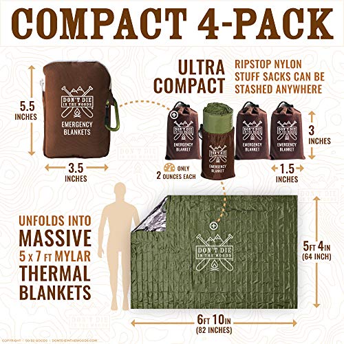 Don't Die In The Woods - Freakin’ Huge Emergency Blankets [4-Pack] Extra-Large Thermal Mylar Space Blankets with Ripstop Nylon Stuff Sacks + Carabiner Zipper Pack [Army Green]