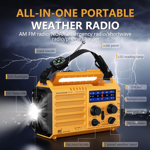 Emergency Radio 5000 Hand Crank Solar Weather Radio,5-Way Power AM/FM/SW/NOAA Survival Portable Radio with Camping Flashlight,Power Bank Phone Charger,Reading Lamp,SOS Alarm Survival Equipment,Compass