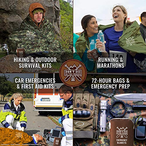 Don't Die In The Woods - Freakin’ Huge Emergency Blankets [4-Pack] Extra-Large Thermal Mylar Space Blankets with Ripstop Nylon Stuff Sacks + Carabiner Zipper Pack [Army Green]