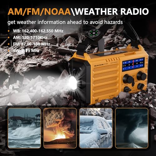 Emergency Radio 5000 Hand Crank Solar Weather Radio,5-Way Power AM/FM/SW/NOAA Survival Portable Radio with Camping Flashlight,Power Bank Phone Charger,Reading Lamp,SOS Alarm Survival Equipment,Compass