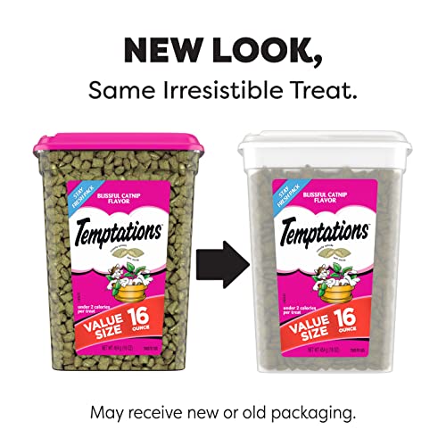 TEMPTATIONS Classic Crunchy and Soft Cat Treats Blissful Catnip Flavor, 16 Ounce (Pack of 1) Tub