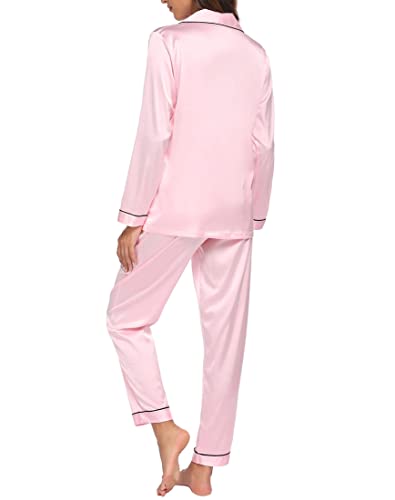 Ekouaer Lounge Set Women's Silk Soft Sleepwear Satin Long Sleeve Two Piece Pajamas Pj Set (Pink,L)