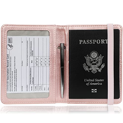 GDTK Leather Passport Holder Cover Case RFID Blocking Travel Wallet (Rose Gold)